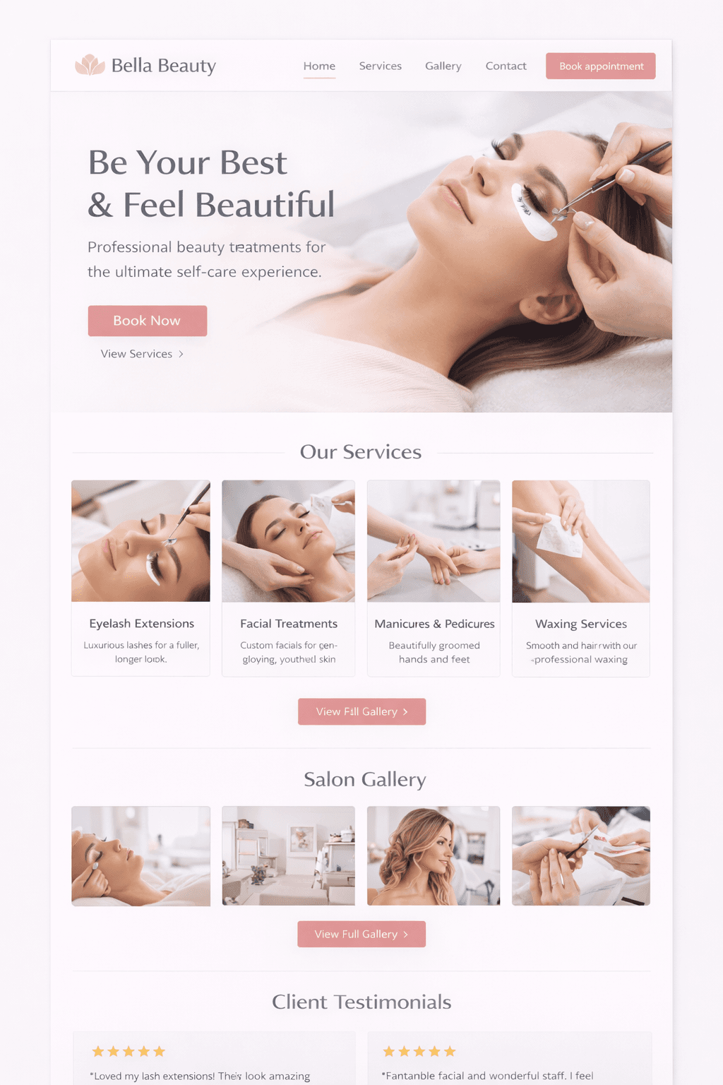 Bella Beauty landing page hero and services section