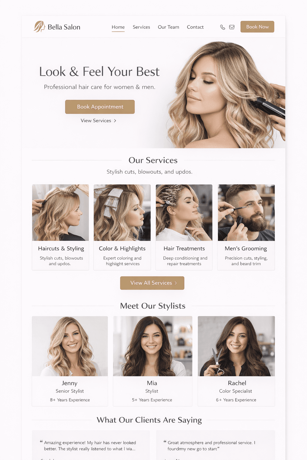 Bella Salon website hero and services section