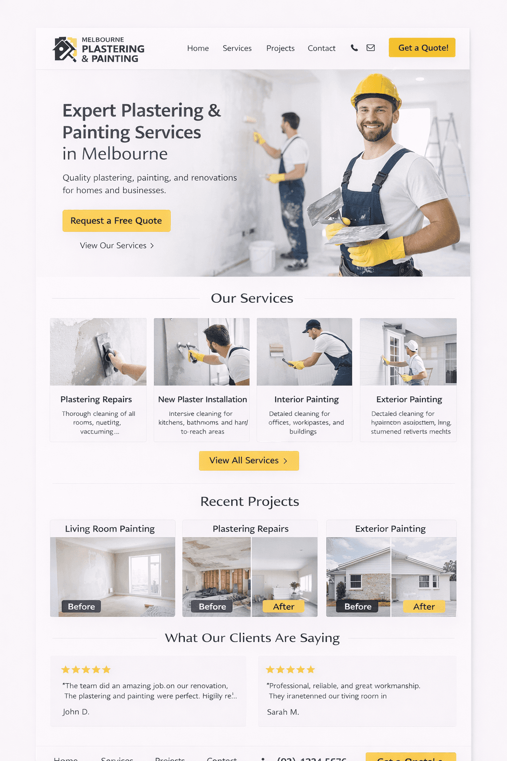 Plastering and painting website hero, services and before-after section
