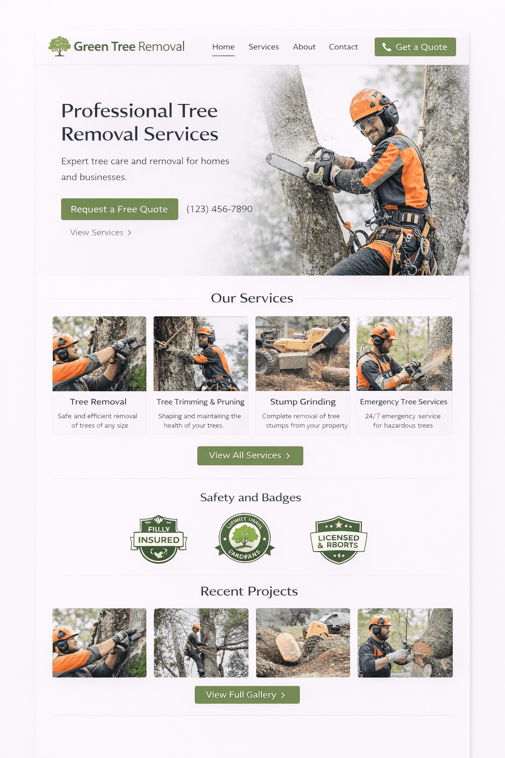 Green Tree Removal website hero and services section