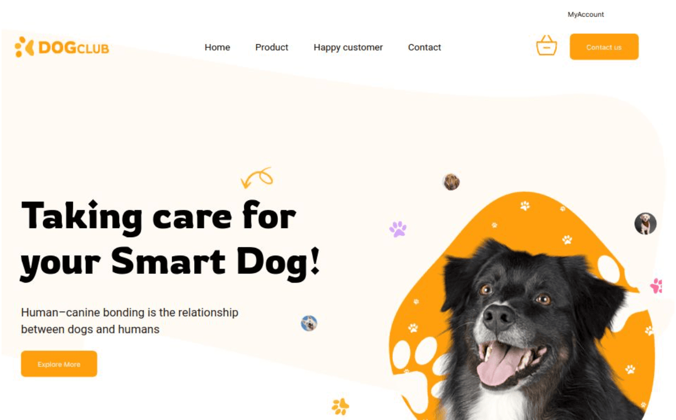 E-commerce website homepage for dog club